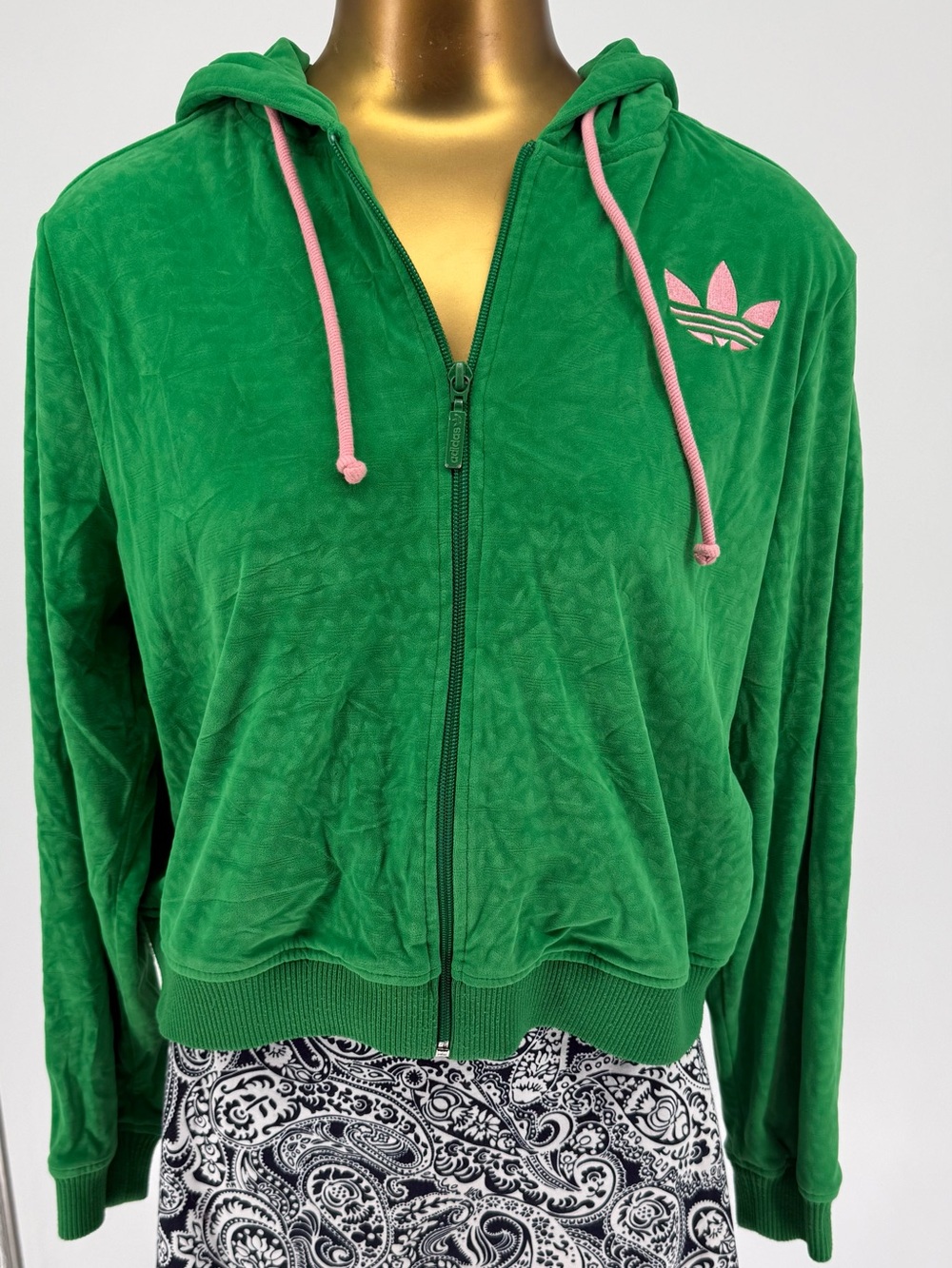 Adidas Originals Green Velour Zip Hoodie with Pink Trefoil &  Drawcords Size Med